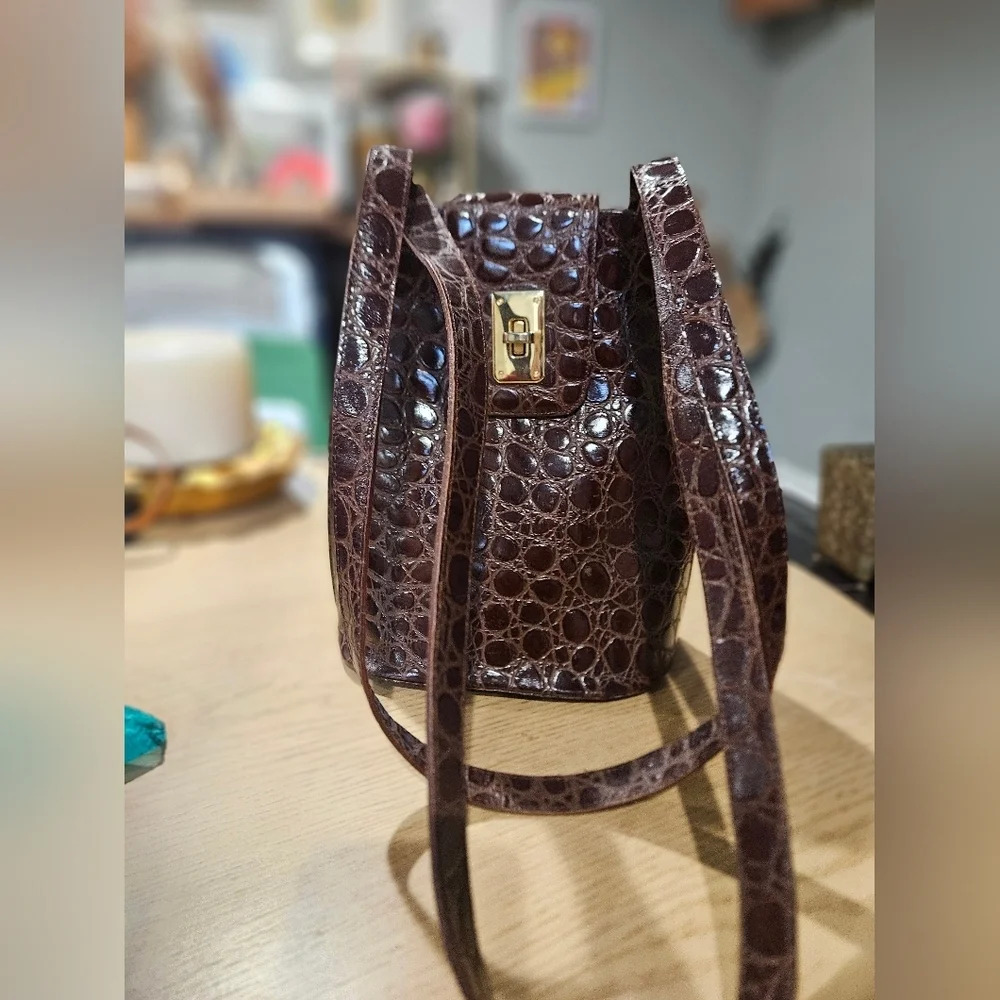 Brown Croc-Embossed Shoulder Bag